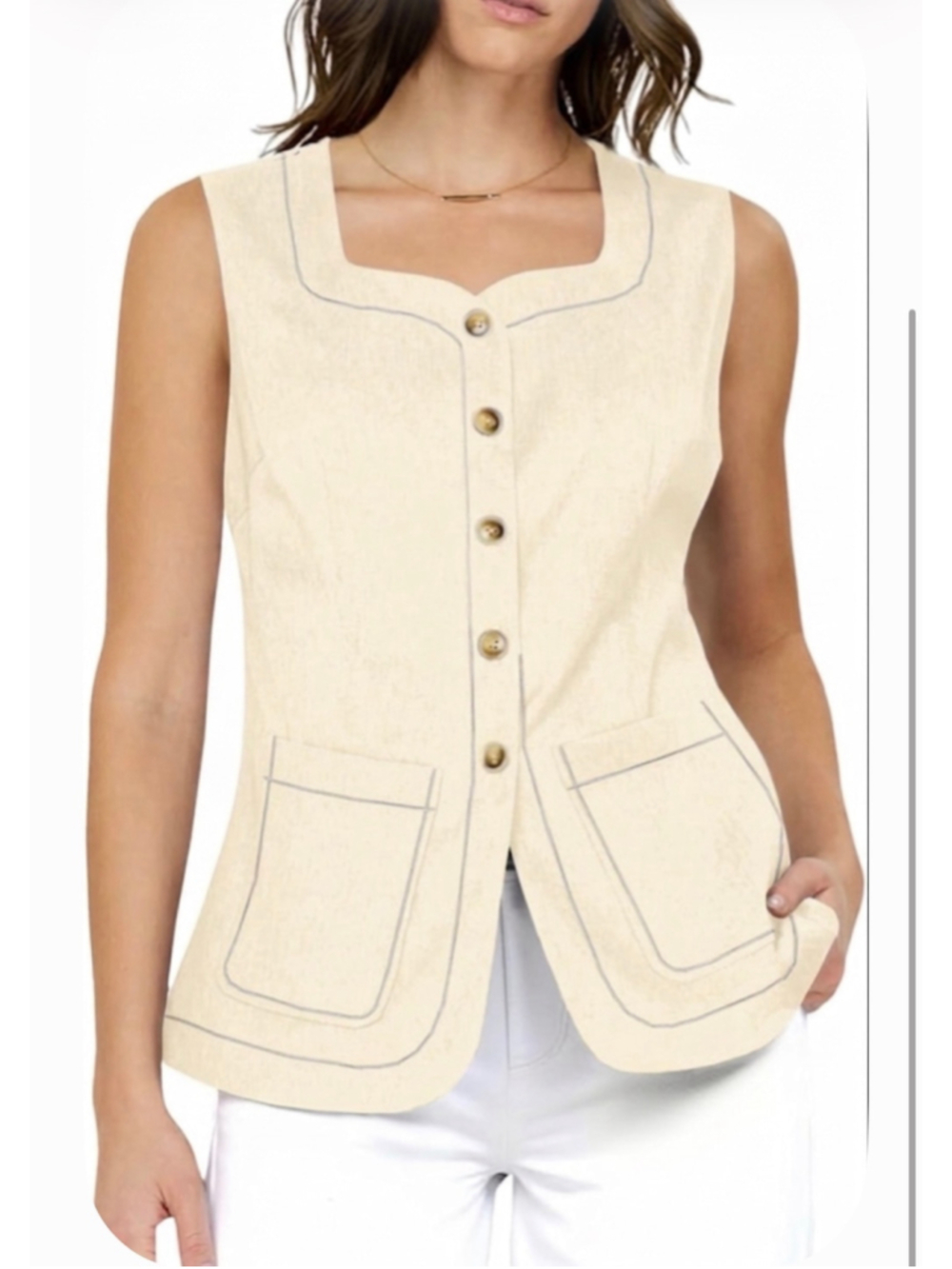 NEW Cream Square Neck Denim Vest Button Down Sleeveless Jean Waistcoat L